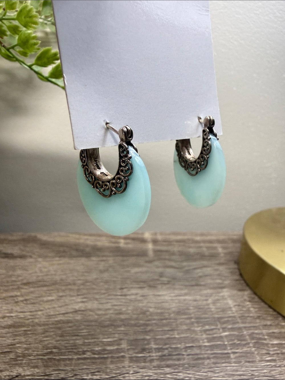 Sterling Silver Aqua Blue Hoop Earrings Boho Vintage Dangle Earrings